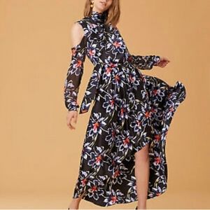 DIANE VON FURSTENBERG Silk High-Low Cold Shoulder Floral Dress